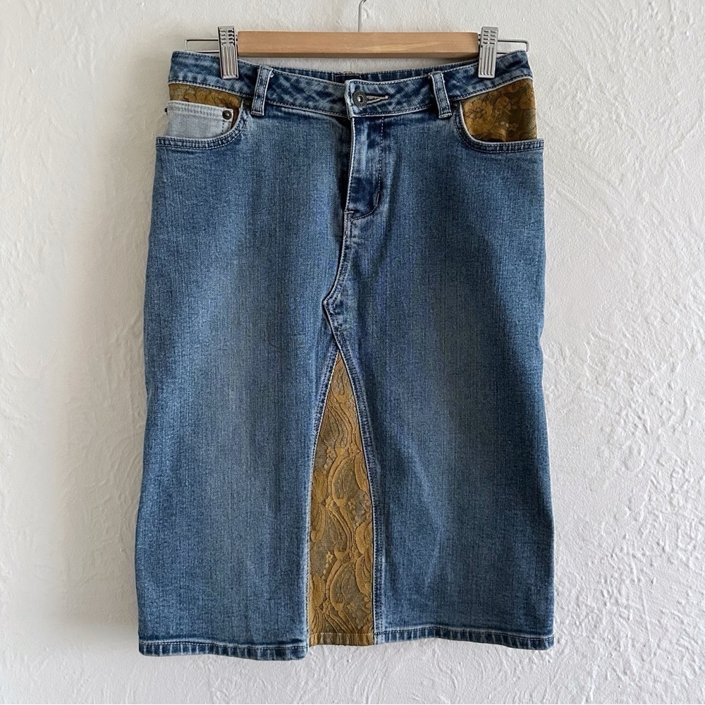 Y2K Buffalo David Bitton Midi Denim Skirt With Lace Size 27